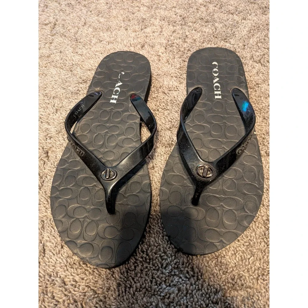 Coach Abigail Black Signature Monogram Flip Flop Sandals Turnlock Logo 7-8